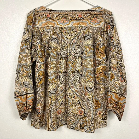 Cleobella Medium Teagan Paisley Kaleidoscope Puff-Sleeve Tan Quilted Blouse Top - Picture 5 of 7